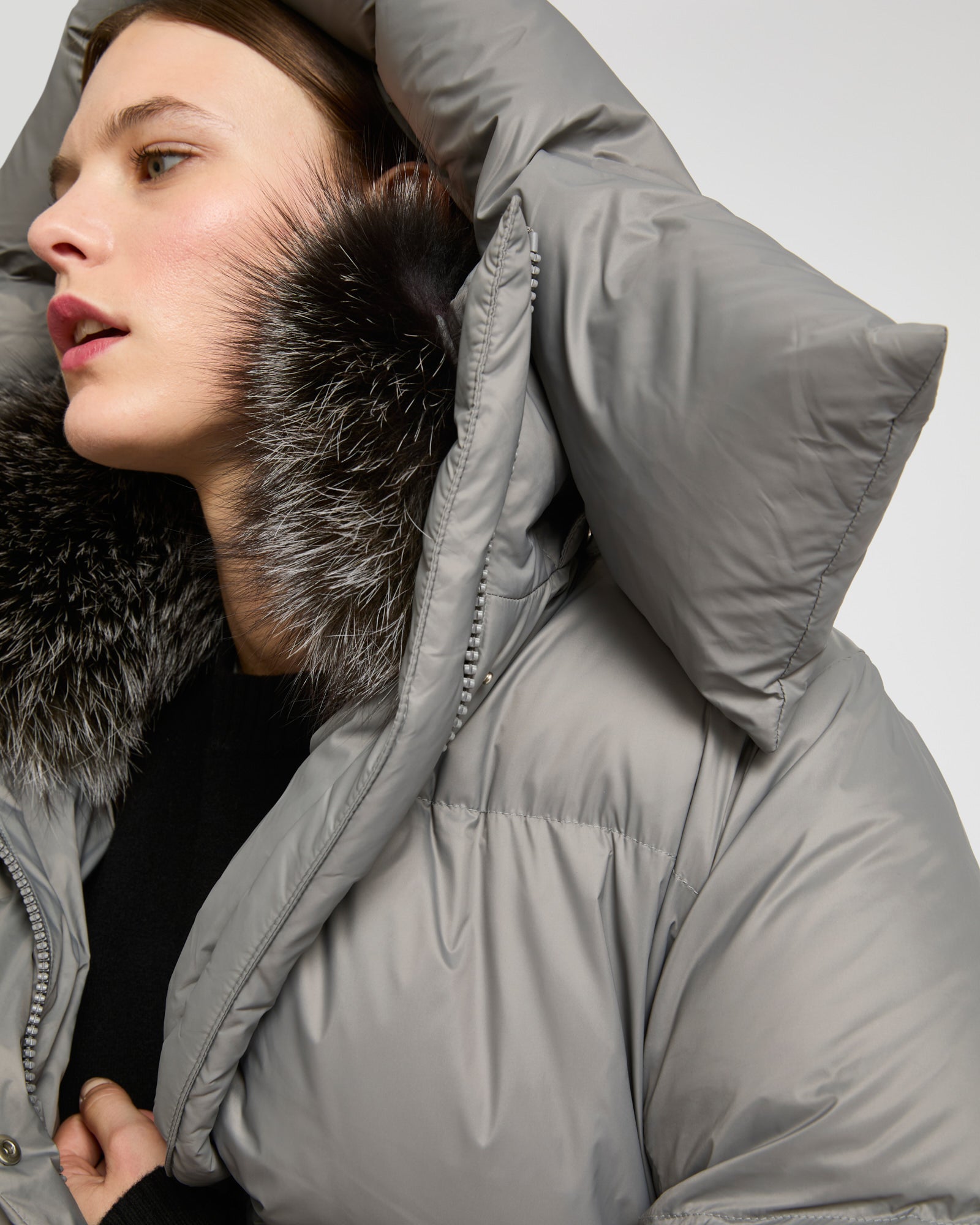 down jacket with fox fur collar trim - grey - Winter sale – Yves