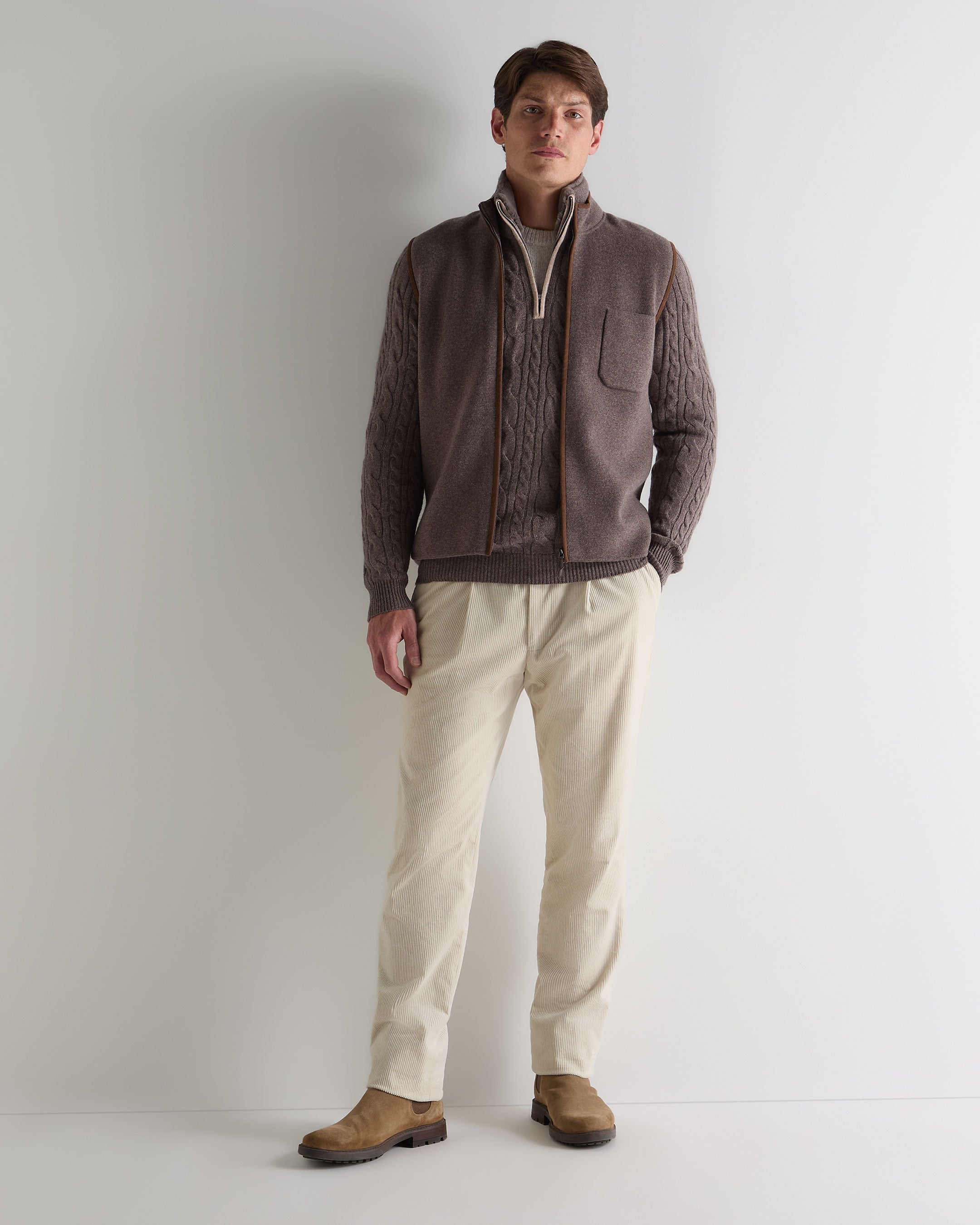 Men's Fur Trim Half Zip Cashmere Sweater Otter Brown | N.Peal