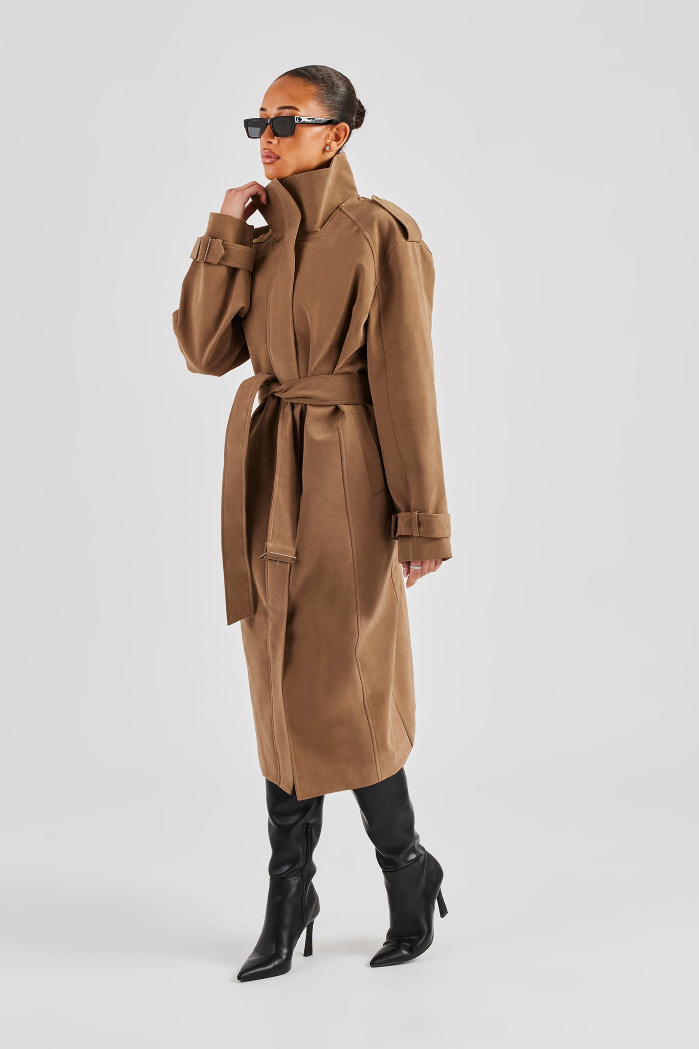 Ladies Faux Suede Trench Coat - Tan | Womens Outerwear | Shop