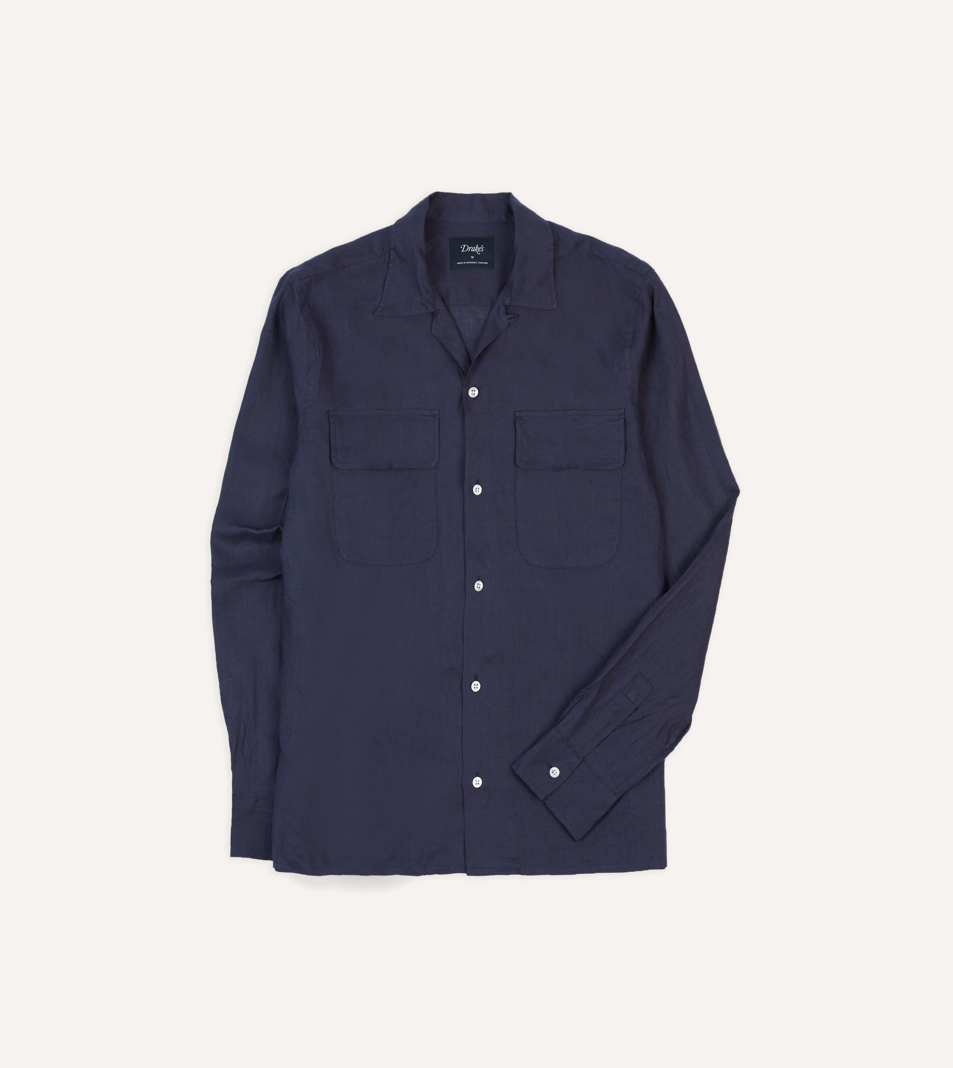 Navy Linen Camp Collar Long Sleeve Shirt – Drakes US