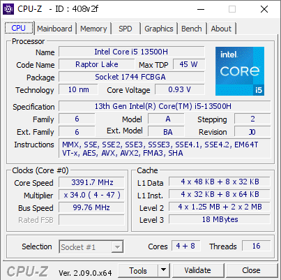 Intel Core i5 13500H @ 3391.7 MHz - CPU-Z VALIDATOR