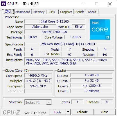 Intel Core i3 12100 @ 4090 MHz - CPU-Z VALIDATOR