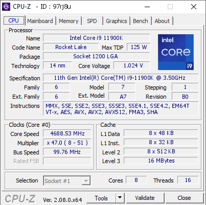 Intel Core i9 11900K @ 4688.53 MHz - CPU-Z VALIDATOR