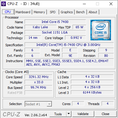 Intel Core i5 7400 @ 3291.32 MHz - CPU-Z VALIDATOR
