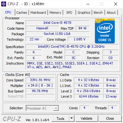 Intel Core i5 4570 @ 3391.91 MHz - CPU-Z VALIDATOR