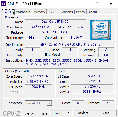Intel Core i5 8400 @ 3792.59 MHz - CPU-Z VALIDATOR