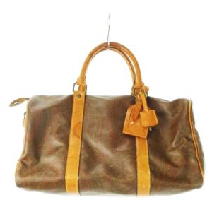 ボストンバッグ ペイズリー柄 PVC レザー カデナ鍵付き 茶 ブラウン