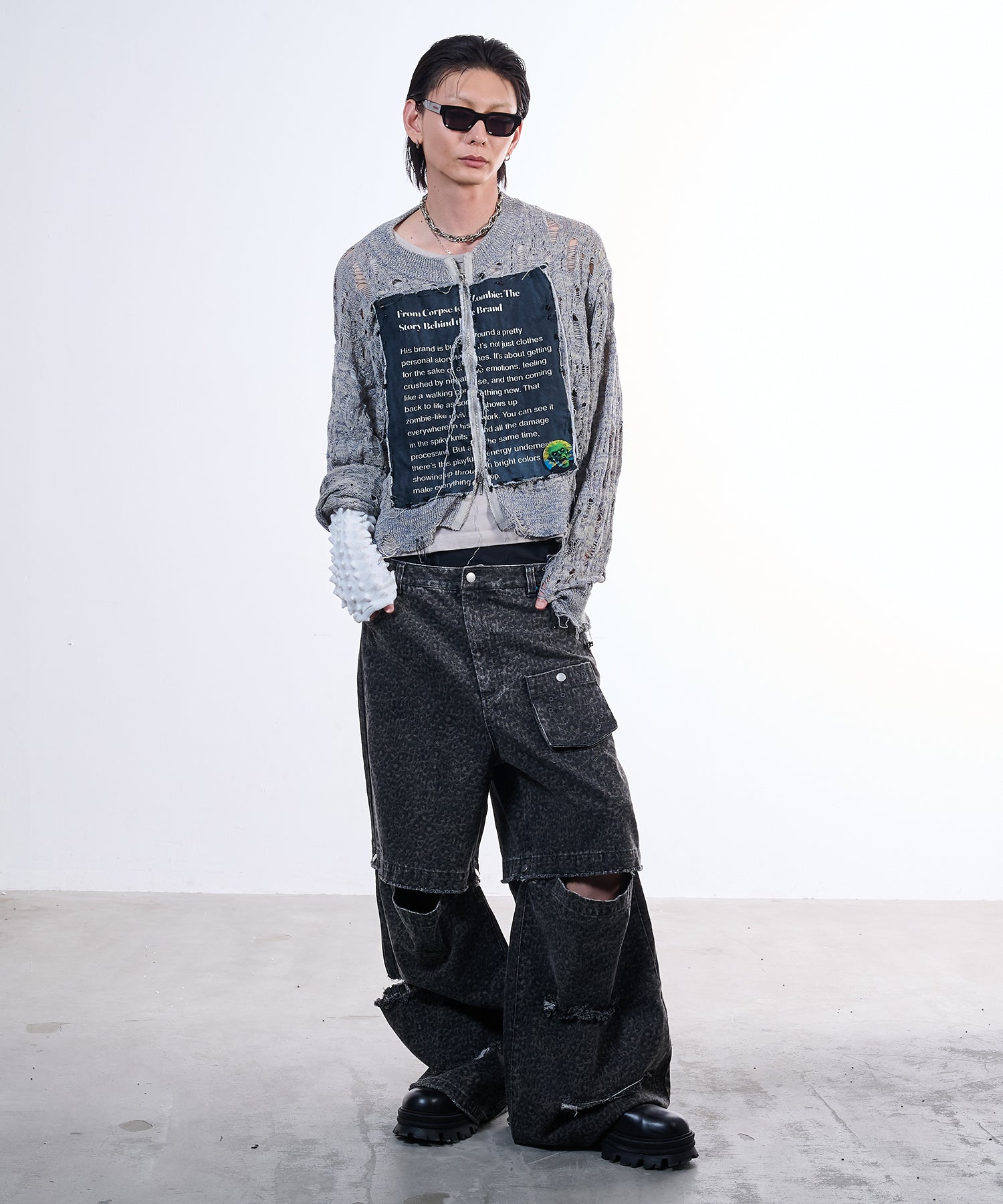 Deadbooy × VI E DIT〉Openwork zip knit cardigan (Gray)