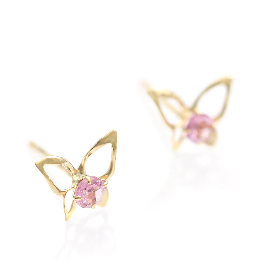 女性へのプレゼント K18YG ピンクトルマリン バタフライ ピアス 18金
