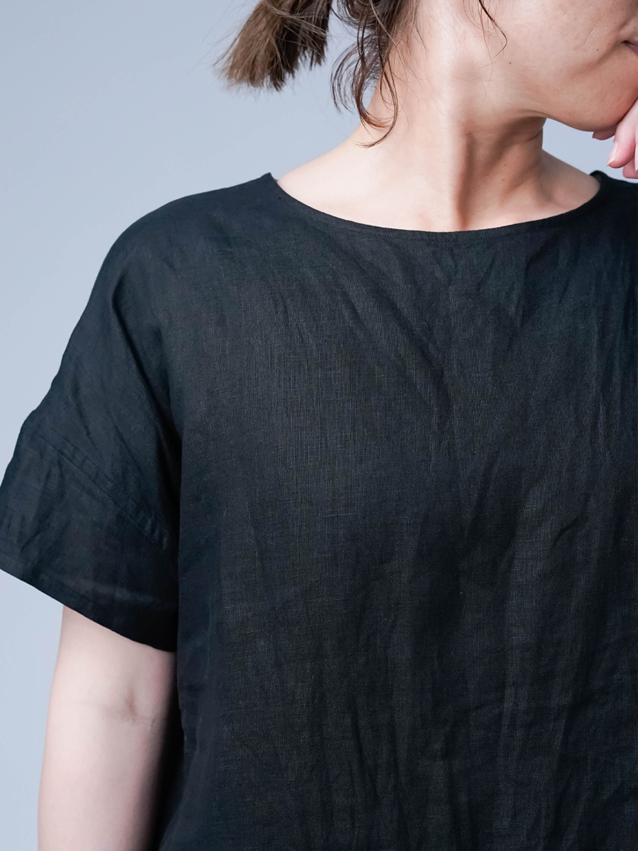 リネントップス】ドロップショルダー 背中ギャザー リネンブラウス