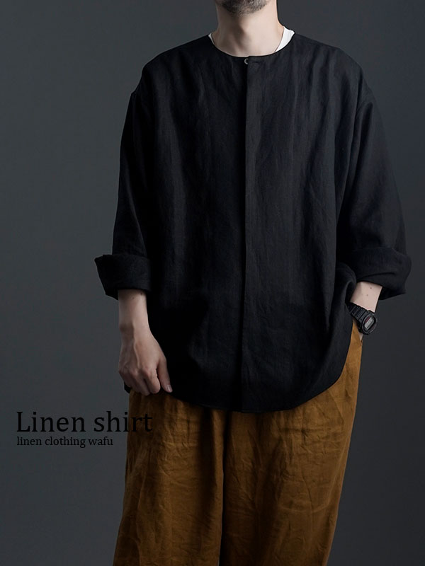 リネンシャツ】 比翼オーバーサイズシャツ / 黒色 t021e-bck1