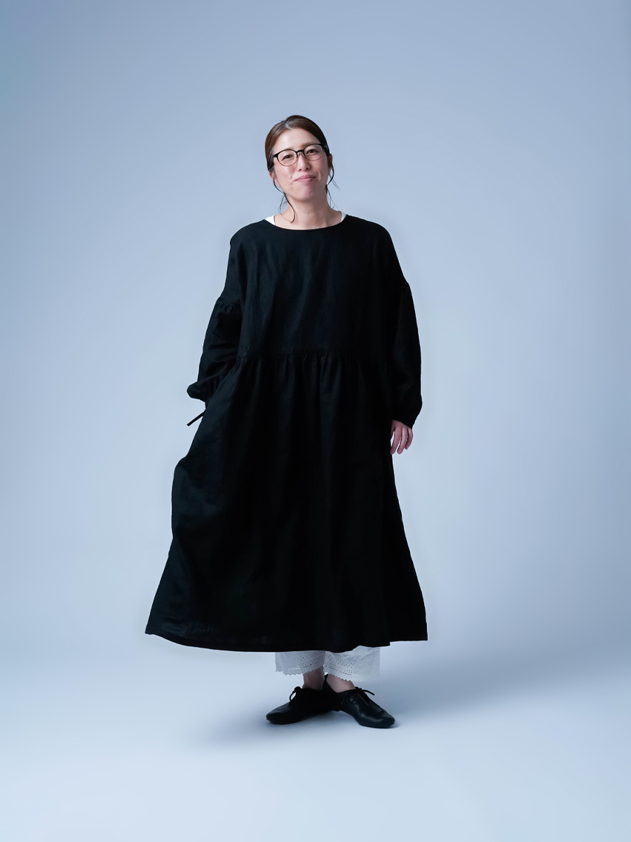 wafu】【リネンドレス】ウエストブラウジング ポワン袖ワンピース/黒色