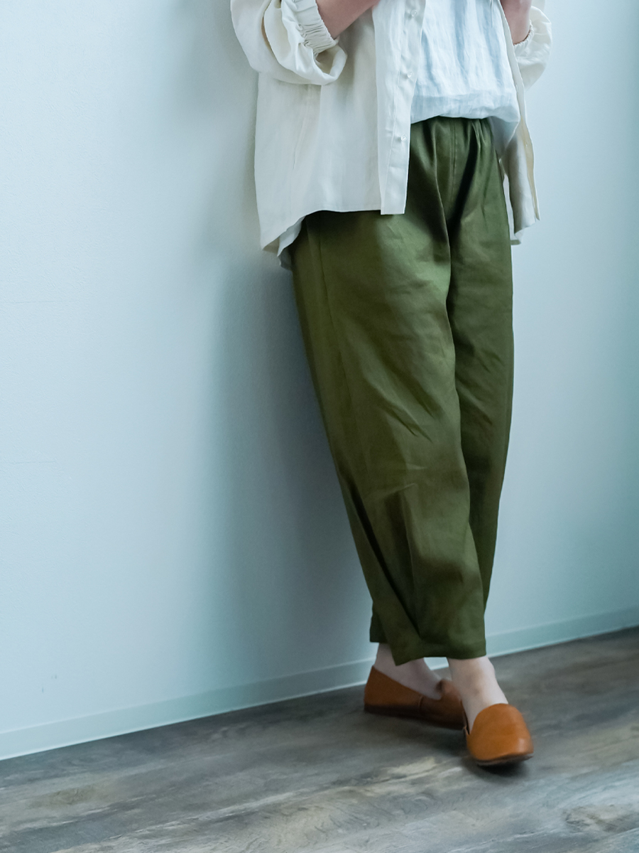 リネンパンツ】リネンソロテックス くるぶし丈 ボールパンツ ／ カーキ