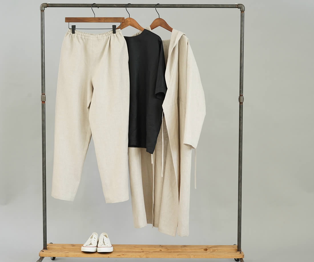 中厚 リネンパンツ 男女兼用 リネン ボトムス ウエストゴム & 内側紐