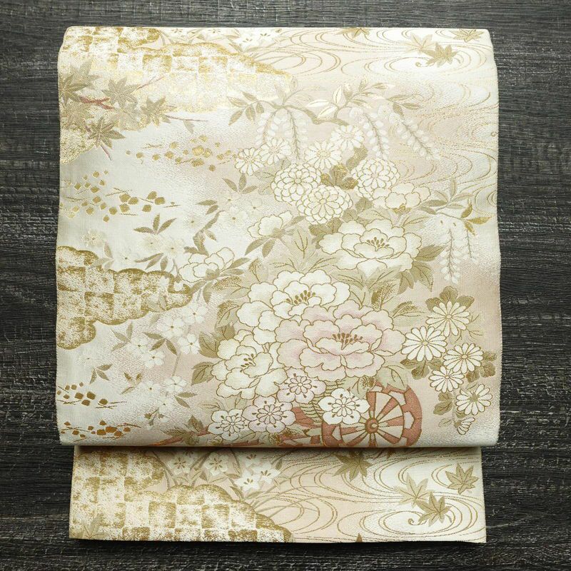 袋帯 本金二重箔 扇面花鳥 文六通柄 良品 フォーマル用 正絹 古典柄 箔