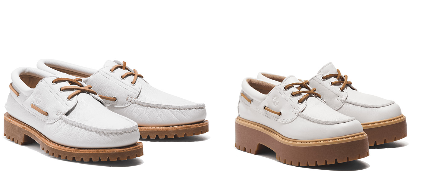 ティンバーランドの象徴的モカシンシューズ。ホワイトレザーを纏った