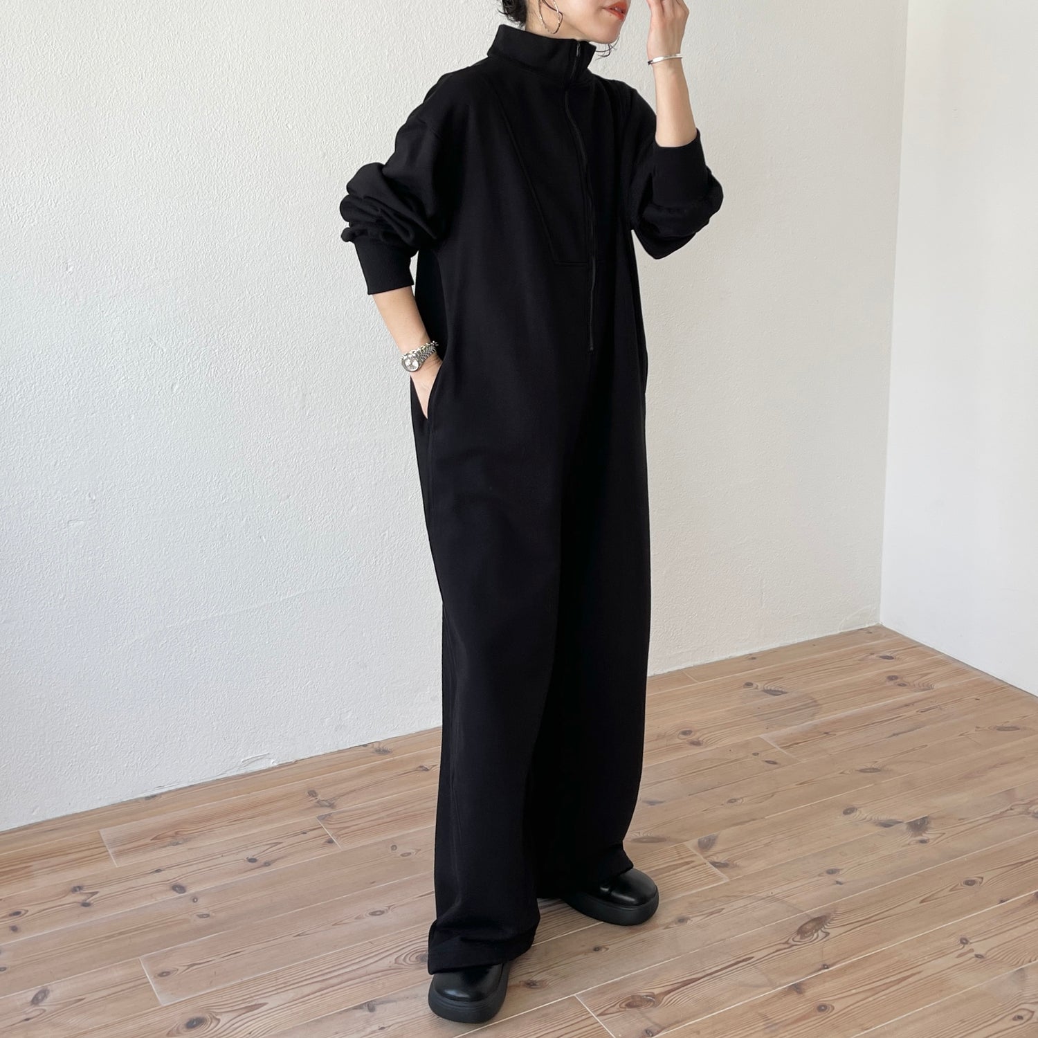 high neck half zip up sweat all in one / black [2size