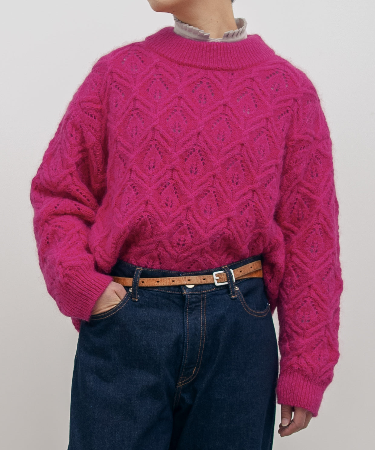 キッドモヘヤ×ウール×アルパカ×シルク〉リーフ模様編み セーター