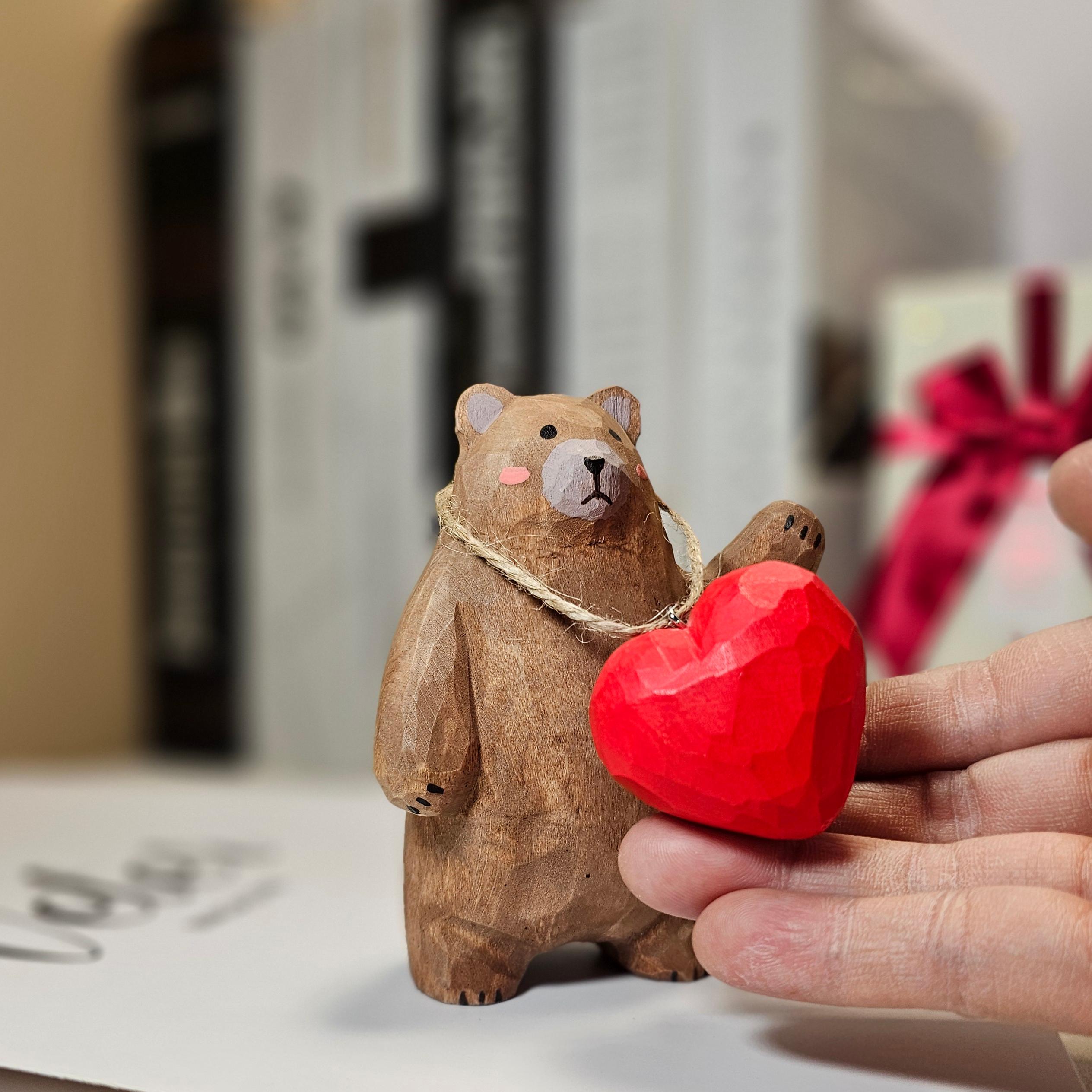 Bear with Heart Necklace Wooden Figurine – Gift Box Included