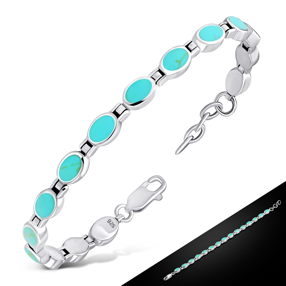 Stone Bracelets: Turquoise Oval links Silver Bracelet, cb300