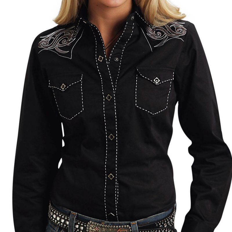 ローパー 刺繍&ステッチ ウエスタンシャツ ブラック（長袖/レディース