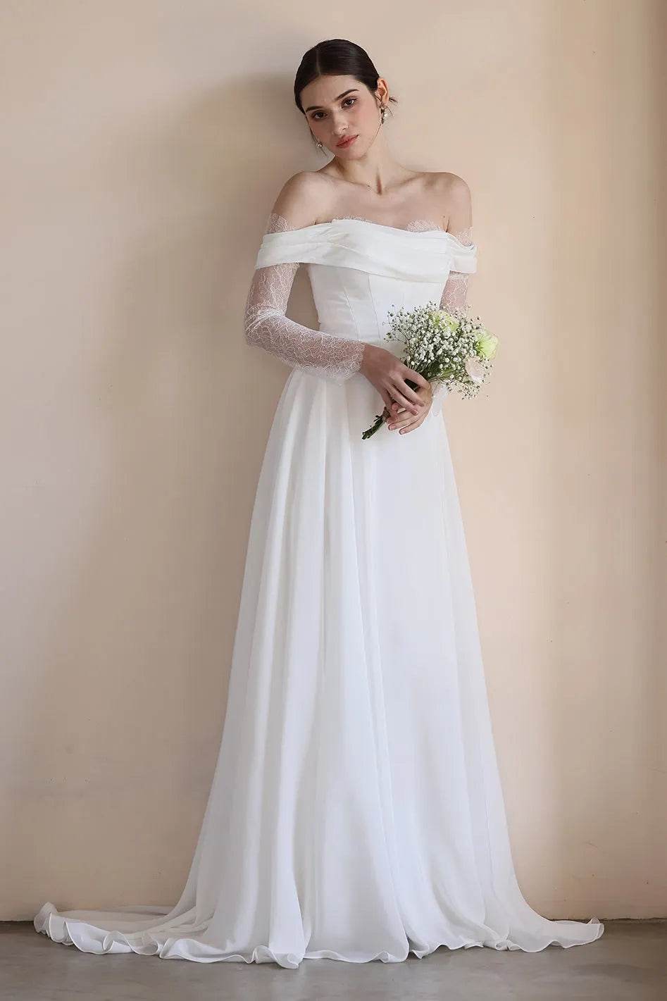 A-Line Sweep-Brush Train Lace Chiffon Simple Wedding Dresses