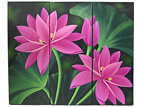 バリアート＆バリ絵画】お花 蓮 ロータス (3連)販売 ｜バリ雑貨専門店