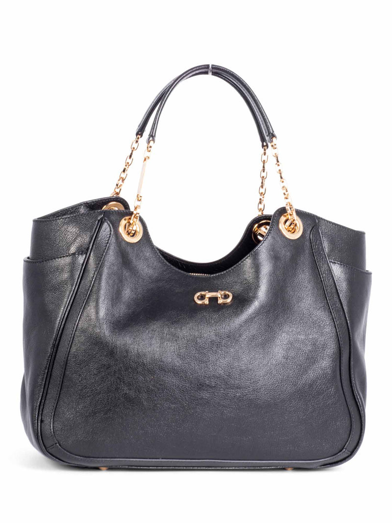 Salvatore Ferragamo Gancini Shiny Leather Shopper Bag Black