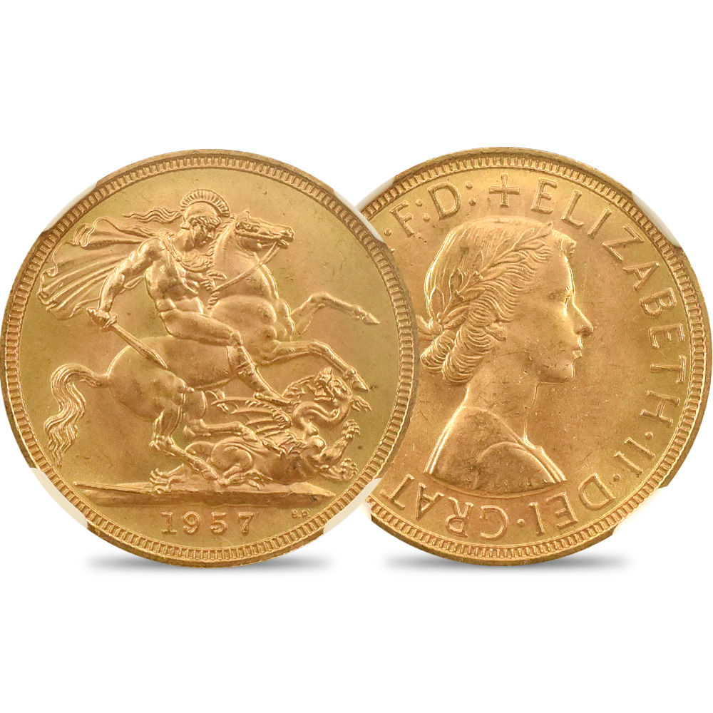 1957 エリザベス2世 ヤングヤング 聖ジョージ竜退治 ソブリン金貨 NGC