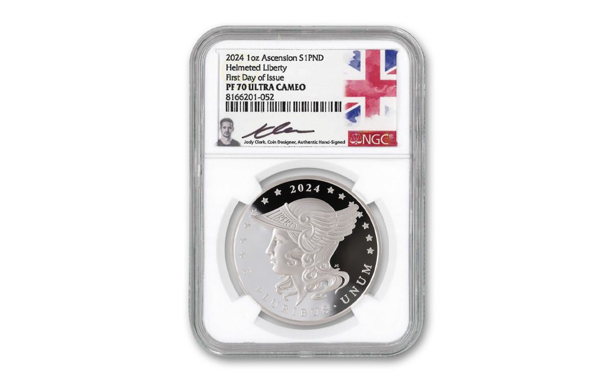 2024 Ascension Island Helmeted Liberty Proof 1 oz Silver - NGC PF