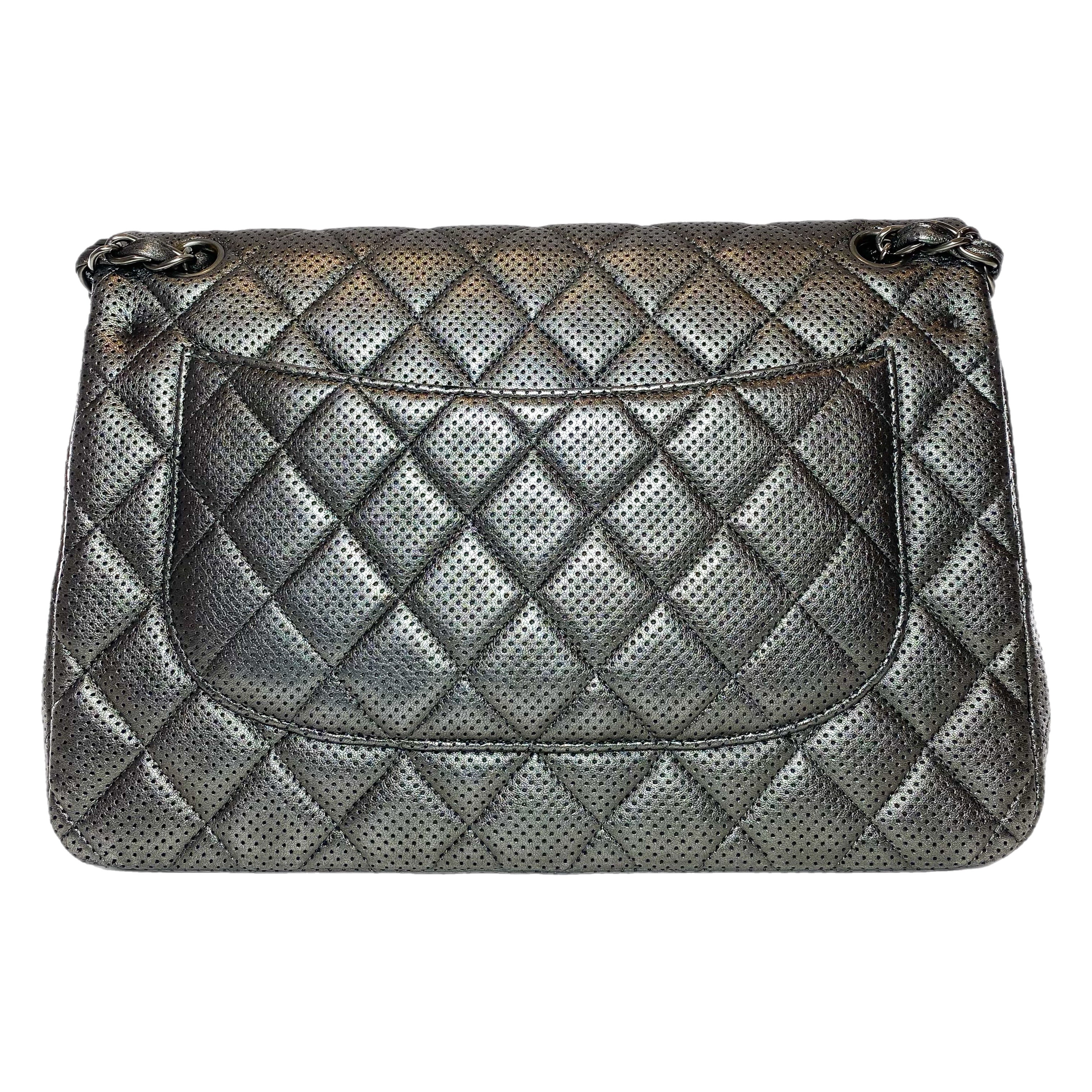Chanel Dark Silver Perforated Jumbo Double Flap Bag – Consign of