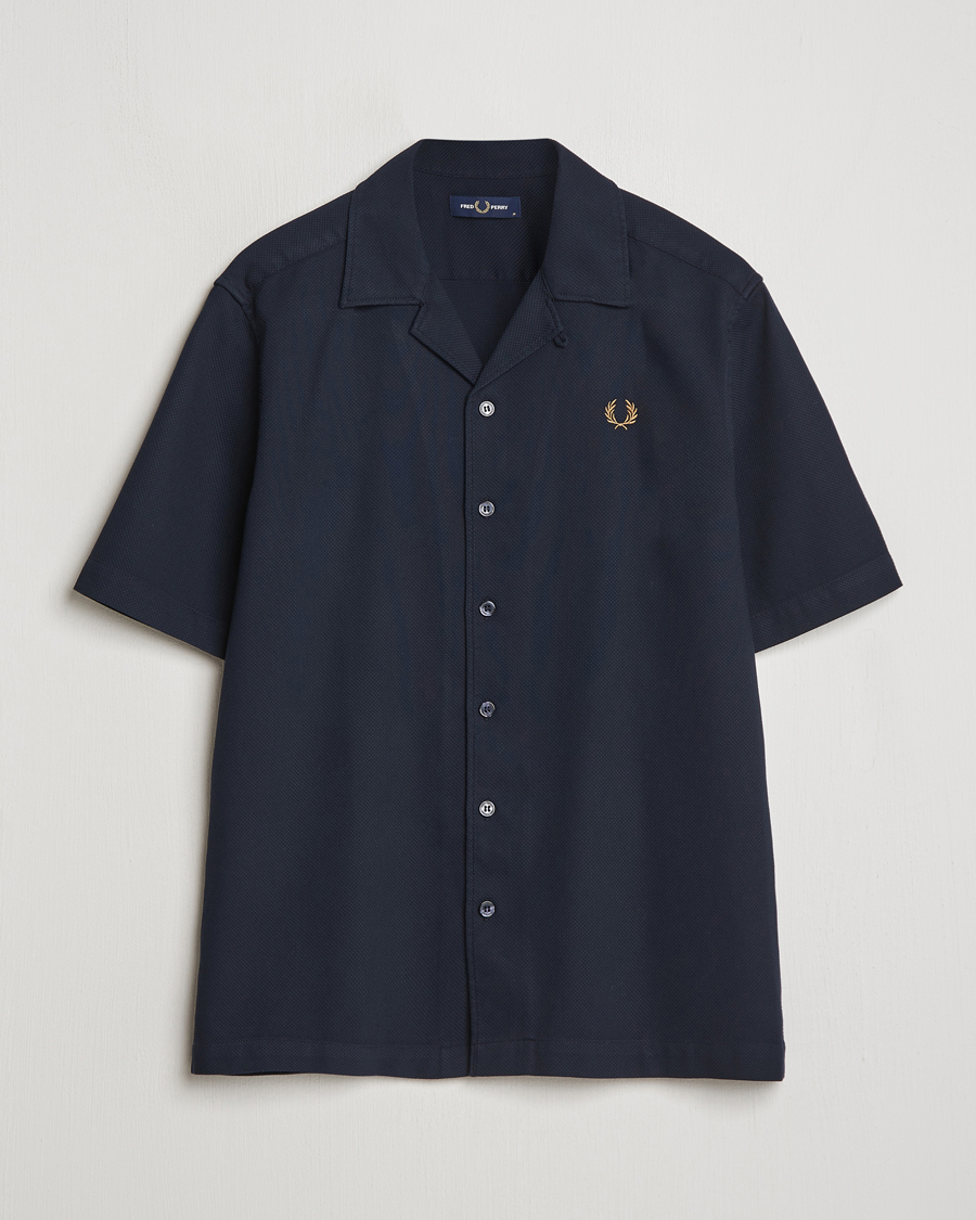 Fred Perry Pique Textured Short Sleeve Shirt Navy at CareOfCarl.com
