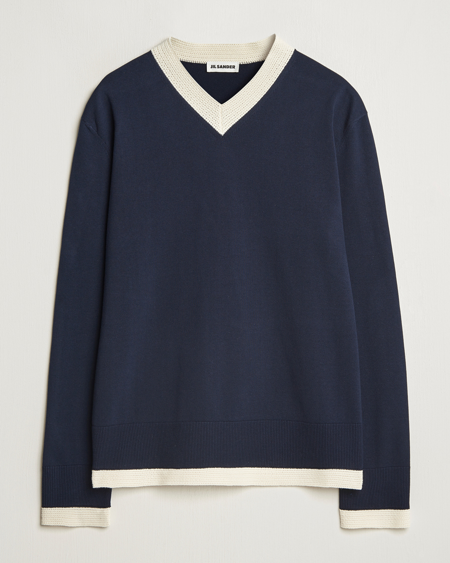 Jil Sander Contrast Trim V-Neck Sweater Navy at CareOfCarl.com