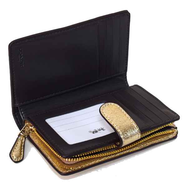 COACH】コーチ レザー メタリック ミディアム コーナー ジップ 二