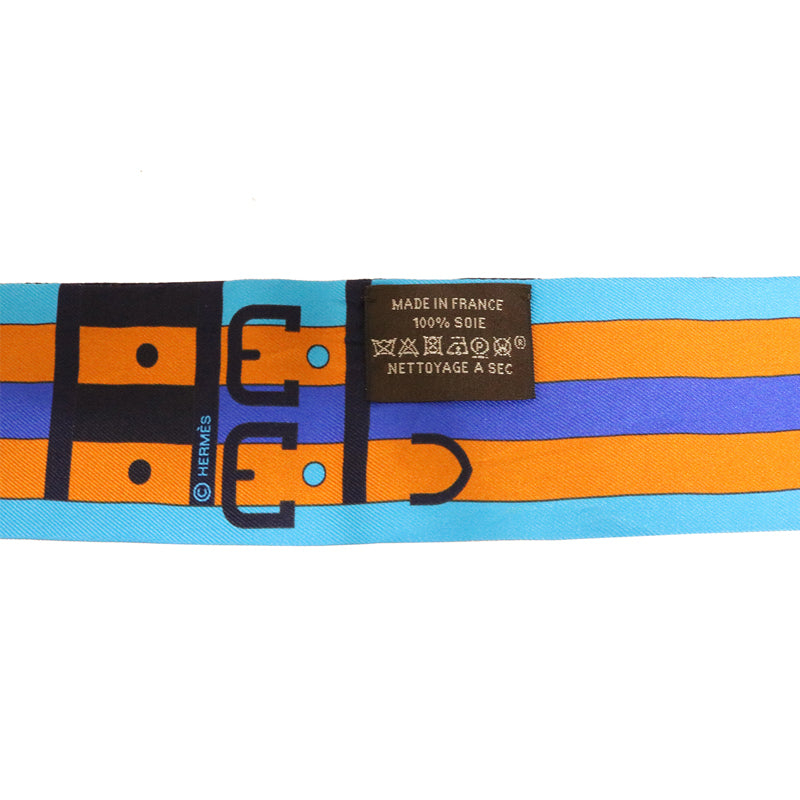 HERMES エルメス シルク ツイリー 馬柄 ブルー ネイビー オレンジ【中古】