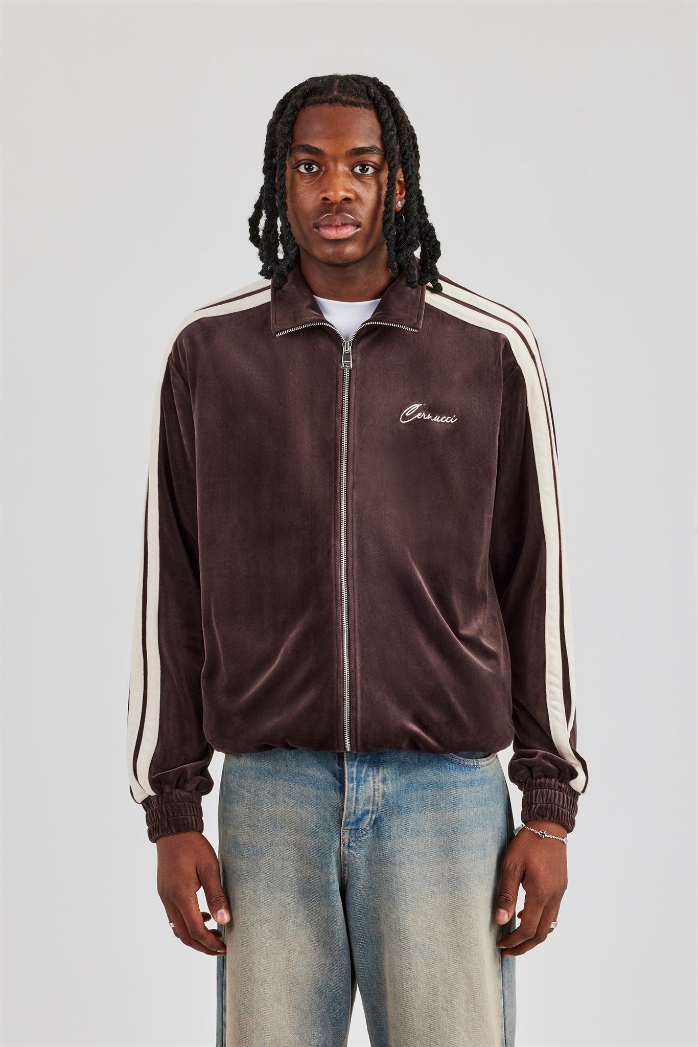 Zip Through Taping Velour Track Jacket - Chocolate | Mens