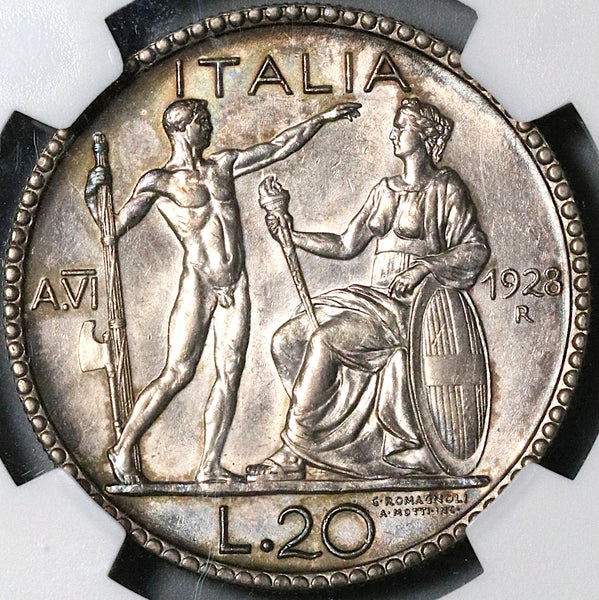 1928 NGC MS 62 Italy 20 Lire Victor Emanuele III Italia Silver