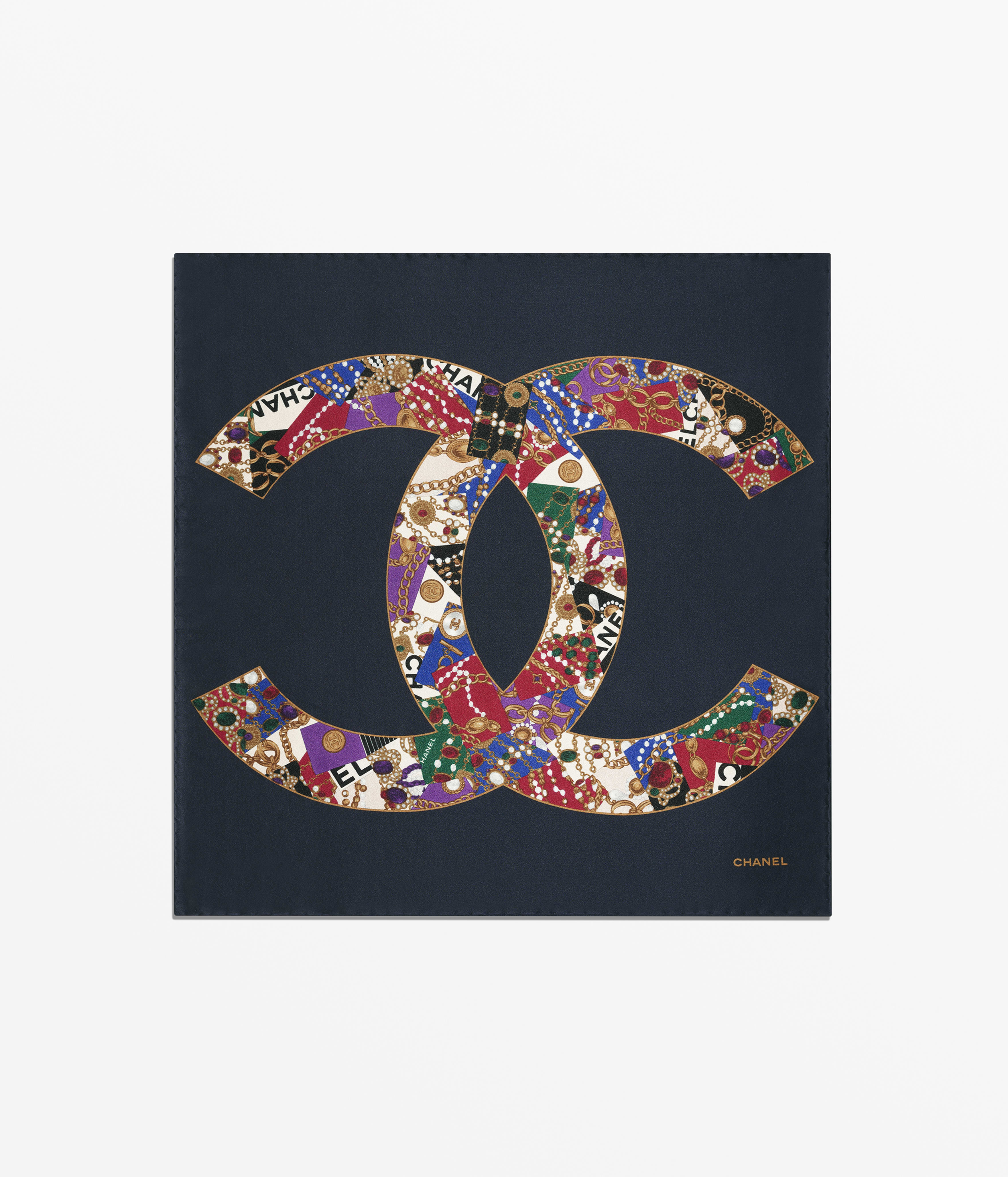 ミニ バンダナ - シルク サテン、ネイビーブルー、ゴールド & マルチ