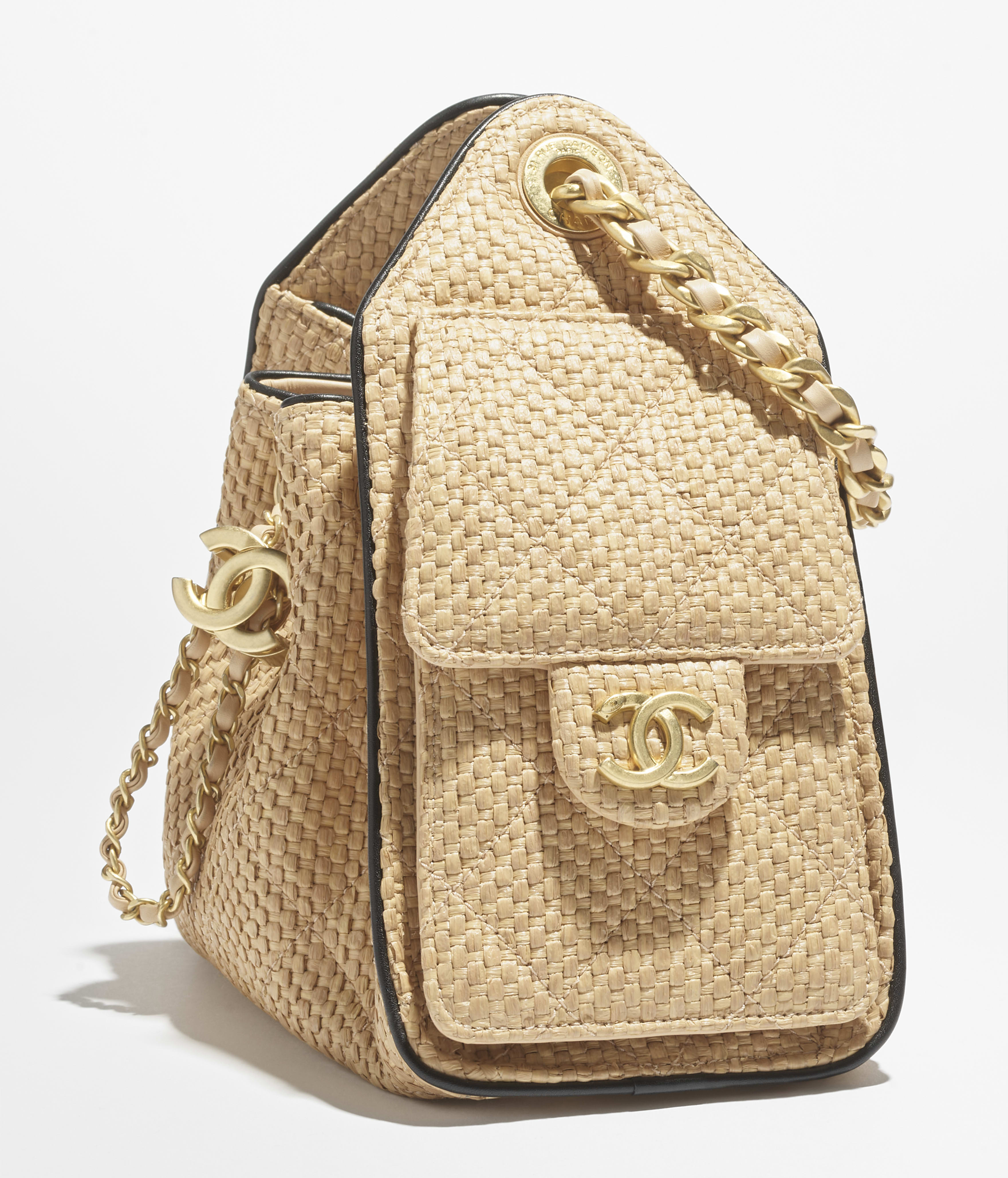 Chanel 25 mini handbag, Braided raffia-effect canvas, calfskin