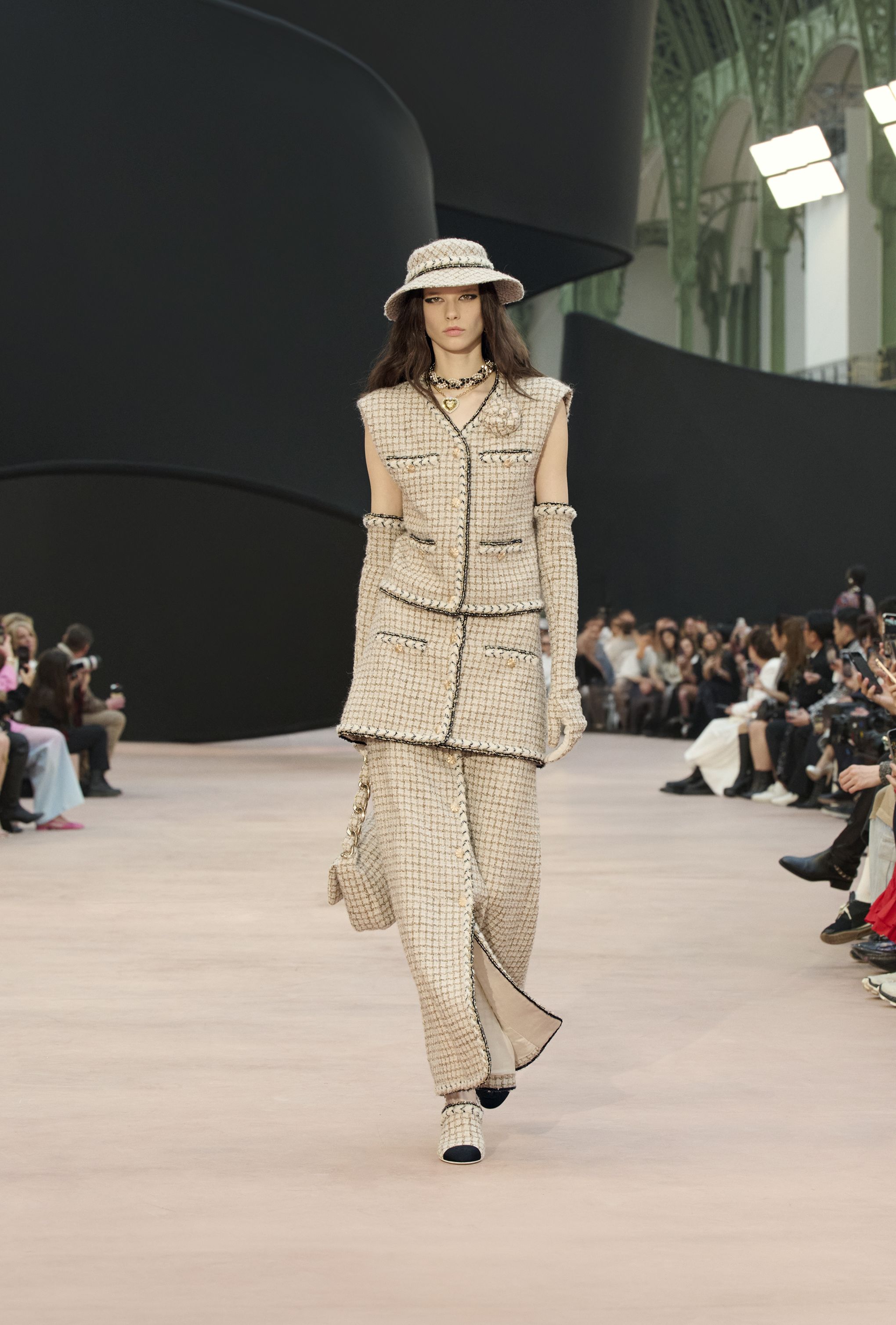 ショート スカート - ウール & モヘア ツイード、エクリュ、ベージュ