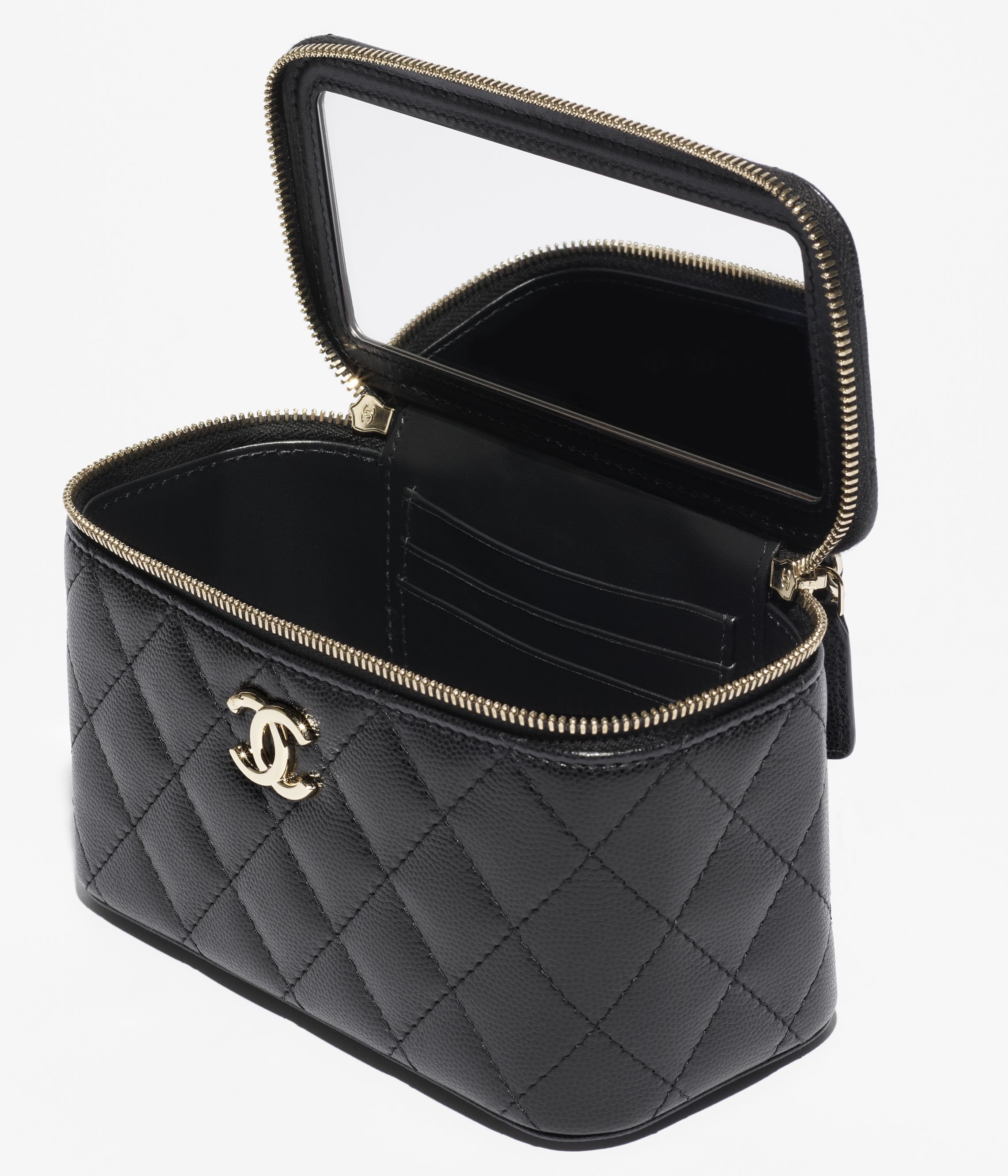 Long vanity with chain - Grained calfskin, imitation pearl & gold