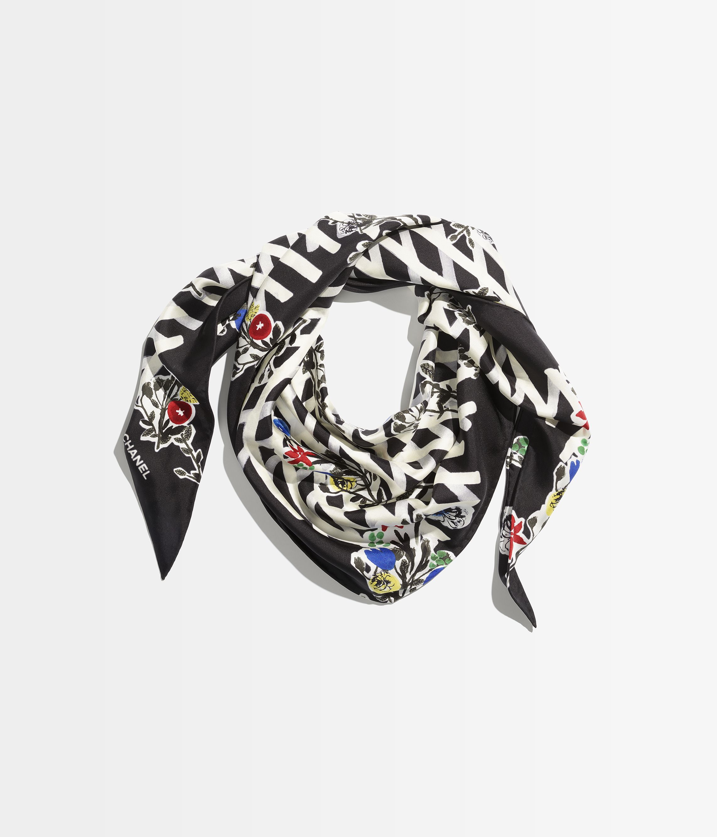 スカーフ - シルク ツイル、ブラック、エクリュ、ブルー & レッド