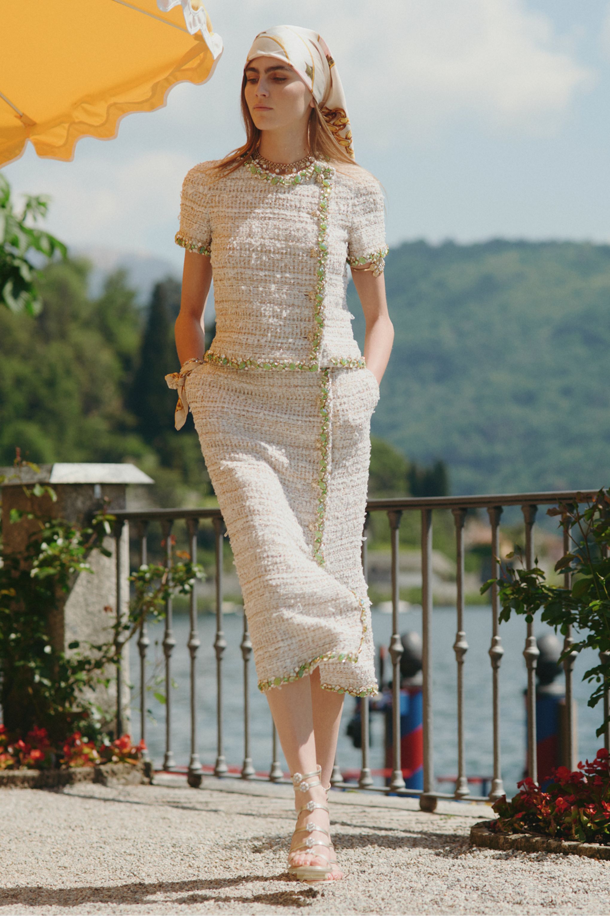 ミディ スカート - エンブロイダリー ツイード、エクリュ、ゴールド