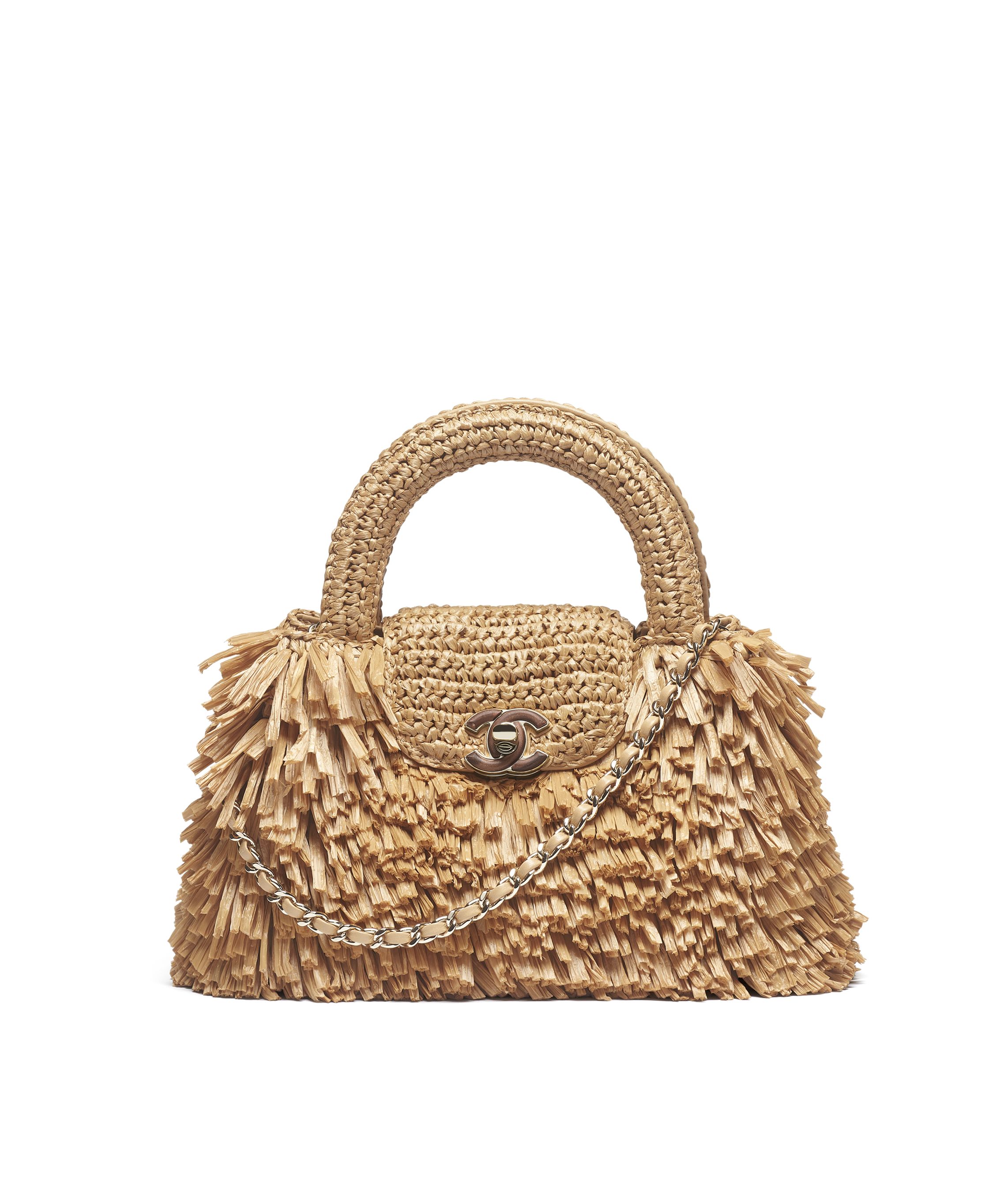 Mini shopping bag, Raffia-effect fabric, wood & gold-tone metal