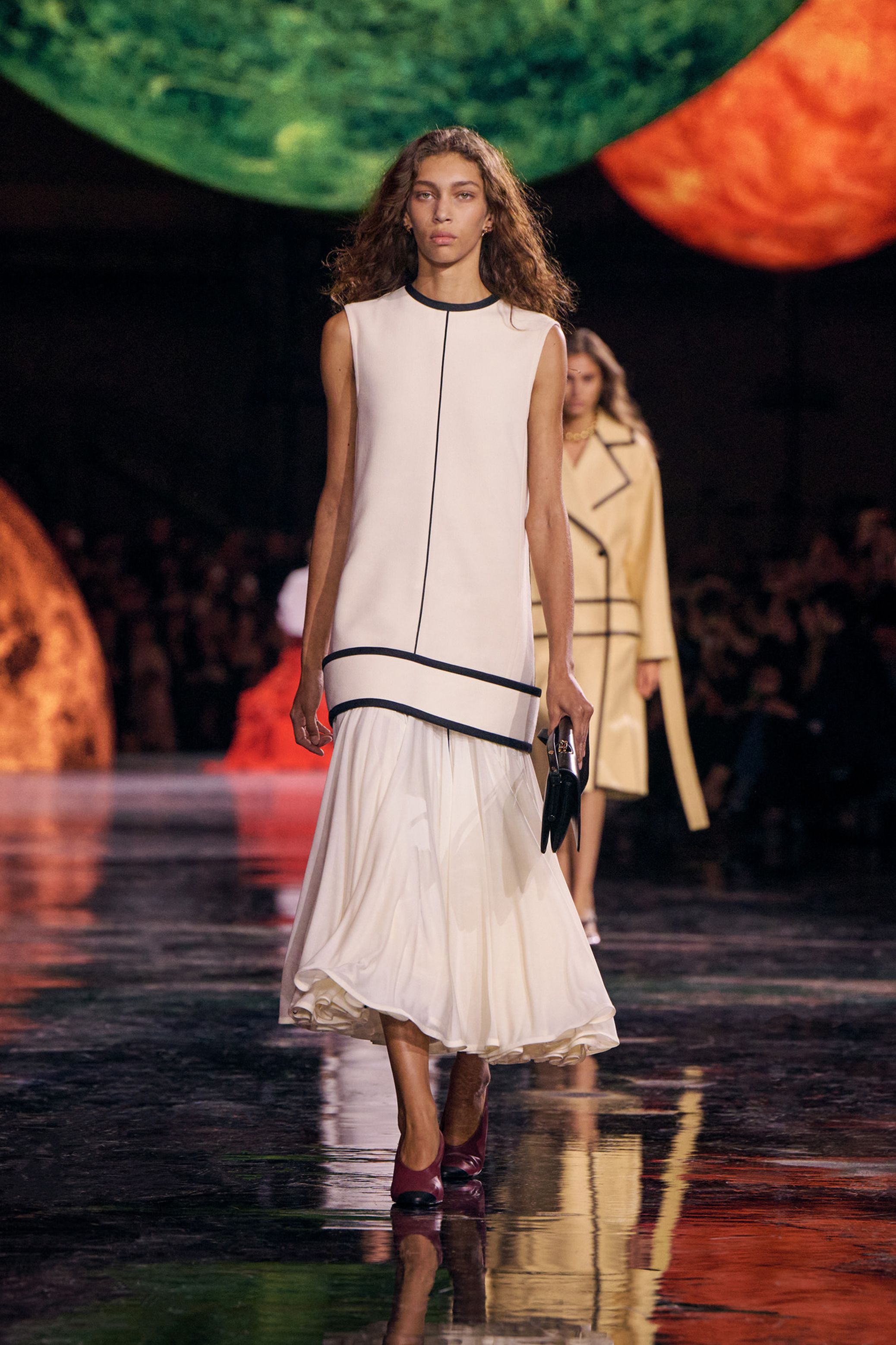 ロング ドレス - ウール ダブル クレープ、エクリュ & ブラック