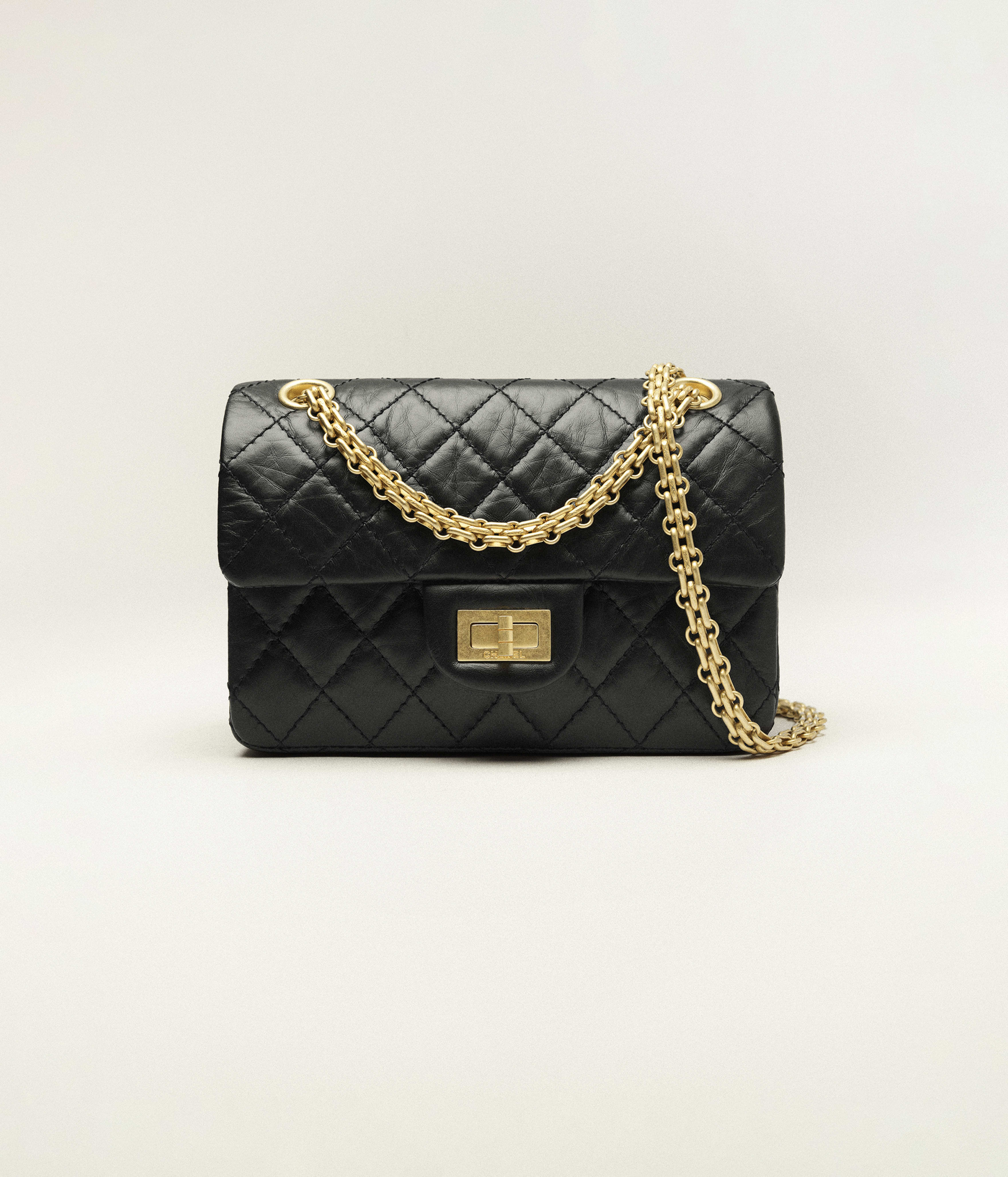 Mini 2.55 handbag, Aged calfskin & gold-tone metal, black