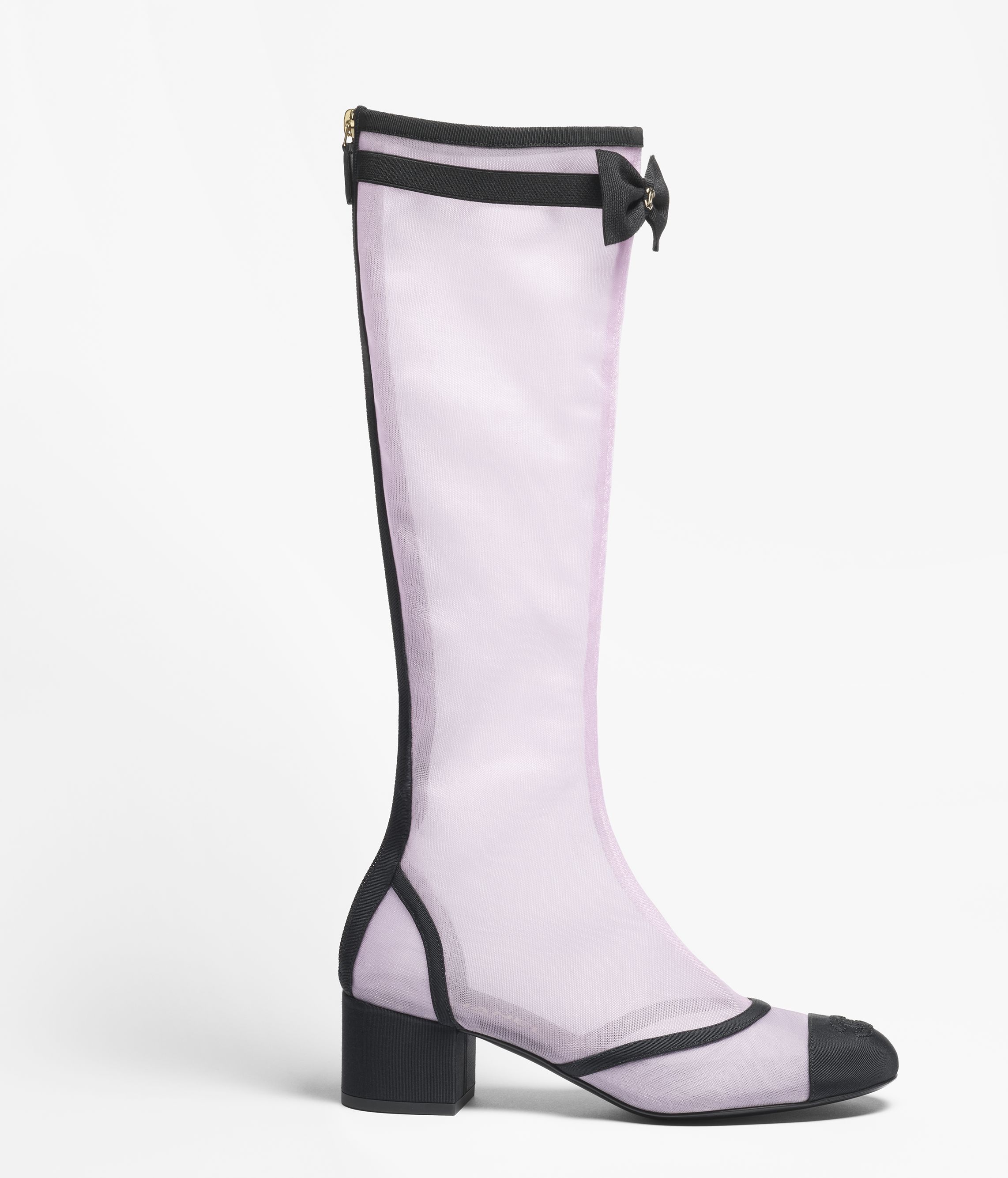 ロング ブーツ - メッシュ & グログラン、ホワイト & ブラック