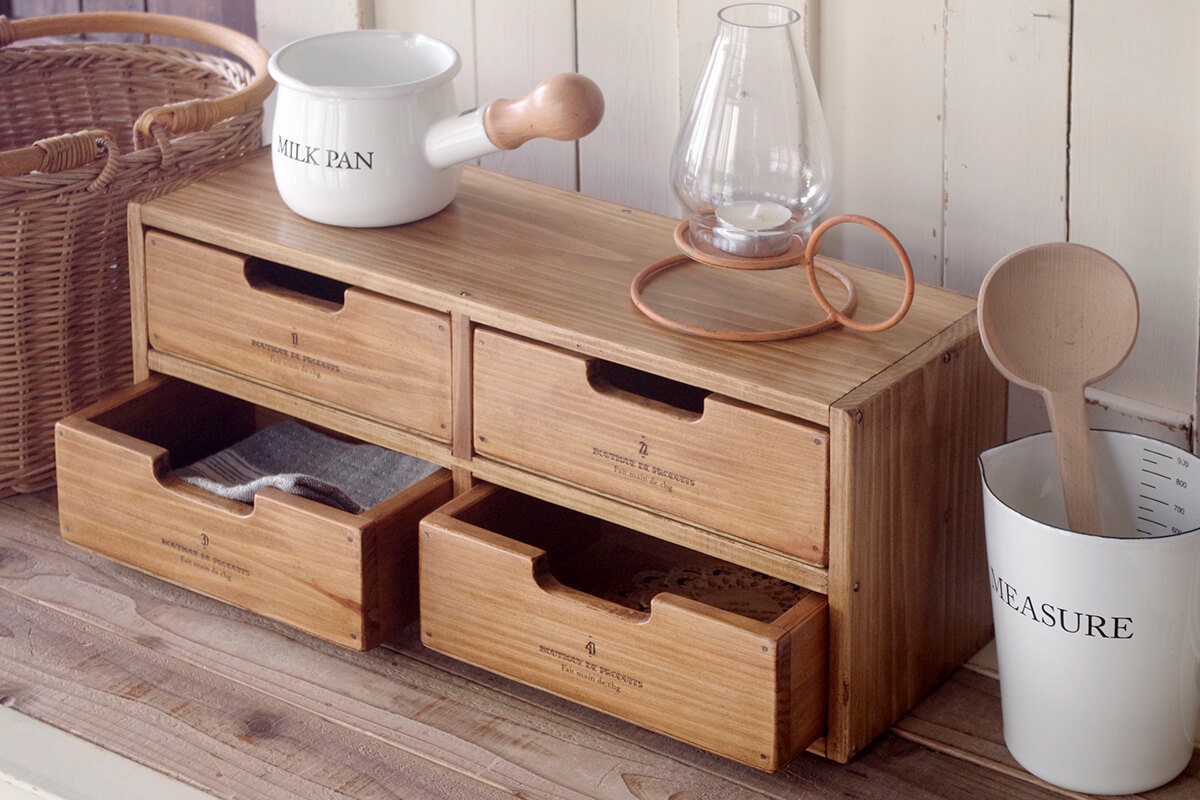 アンティーク風木製4ドロワーボックス｜手作りの木製小引出し｜通販