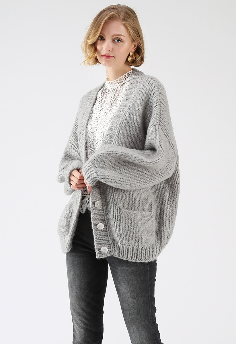 Pause for the Cozy Chunky Hand Knit Cardigan in Grey - Boho Chic
