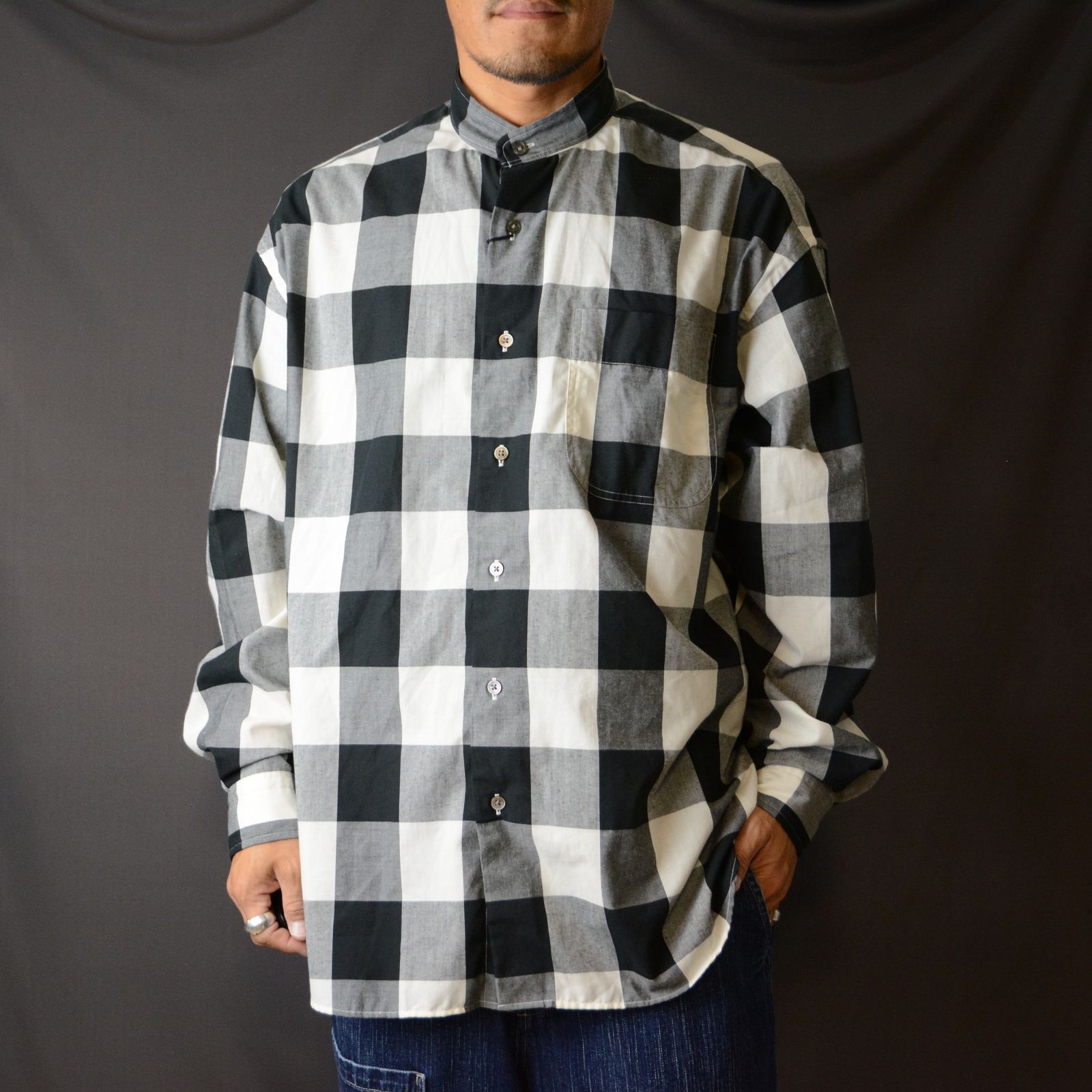 Porter Classic - BLOCK CHECK STAND COLLAR SHIRT (BLACK) - ブロック